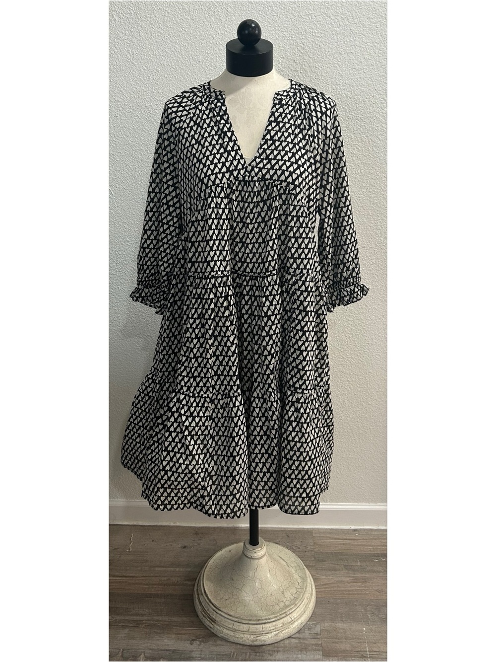Uncle Frank Mod Heart Print Puffed Sleeve Midi Dress Size Small Black White Tent